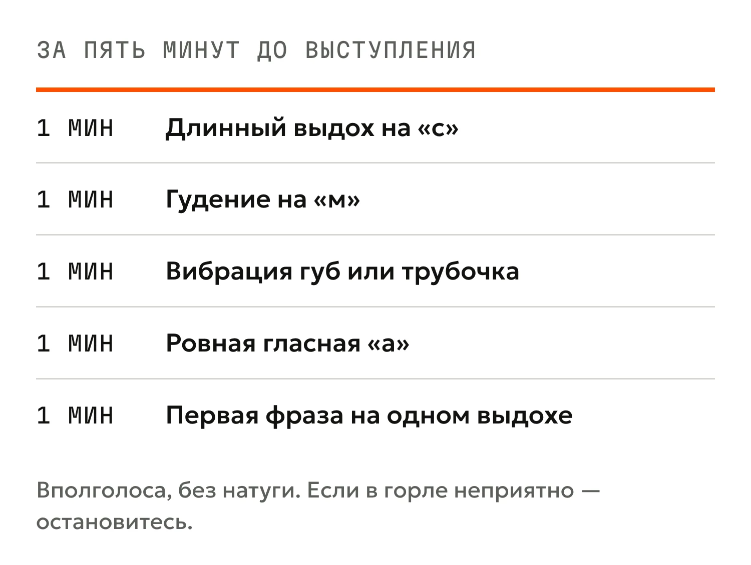 План на пять минут до выступления: выдох на «с», гудение, вибрация губ, ровная гласная, первая фраза